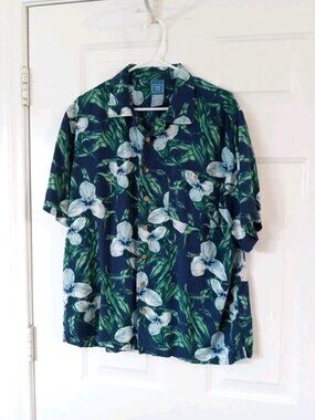 TROPICOOL Men's Large Blue Floral Short Sleeve Hawaiian Button Up Shirt
